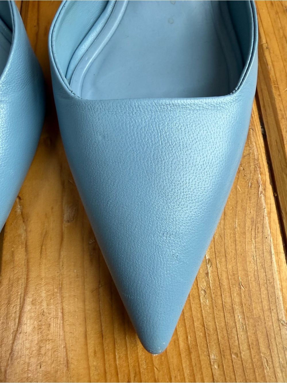 Size 8.5 / 9 Zara Light Blue Leather Pointed-Toe Kitten-Heel Slingback Mules - Picture 9 of 15